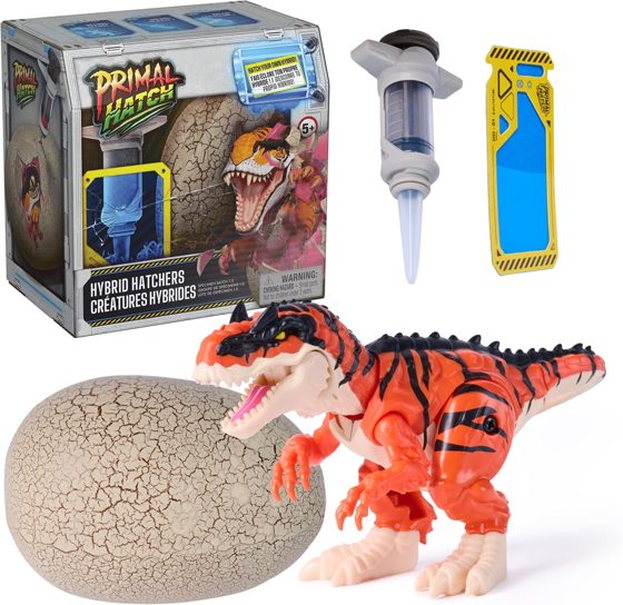 Primal Hatch Hybrid Hatchers mystery egg with syringe, scanner card and an orange tiger-striped hybrid dino