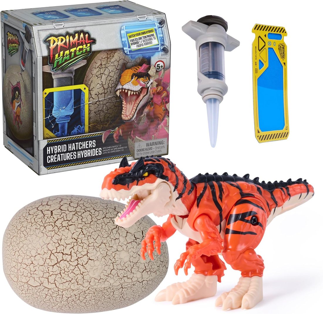 Primal Hatch Hybrid Hatchers mystery egg with syringe, scanner card and an orange tiger-striped hybrid dino