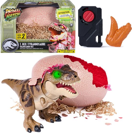 Primal Hatch Gen 2 Jurassic World T-Rex with glowing green eyes hatching from a pink gel-lined egg